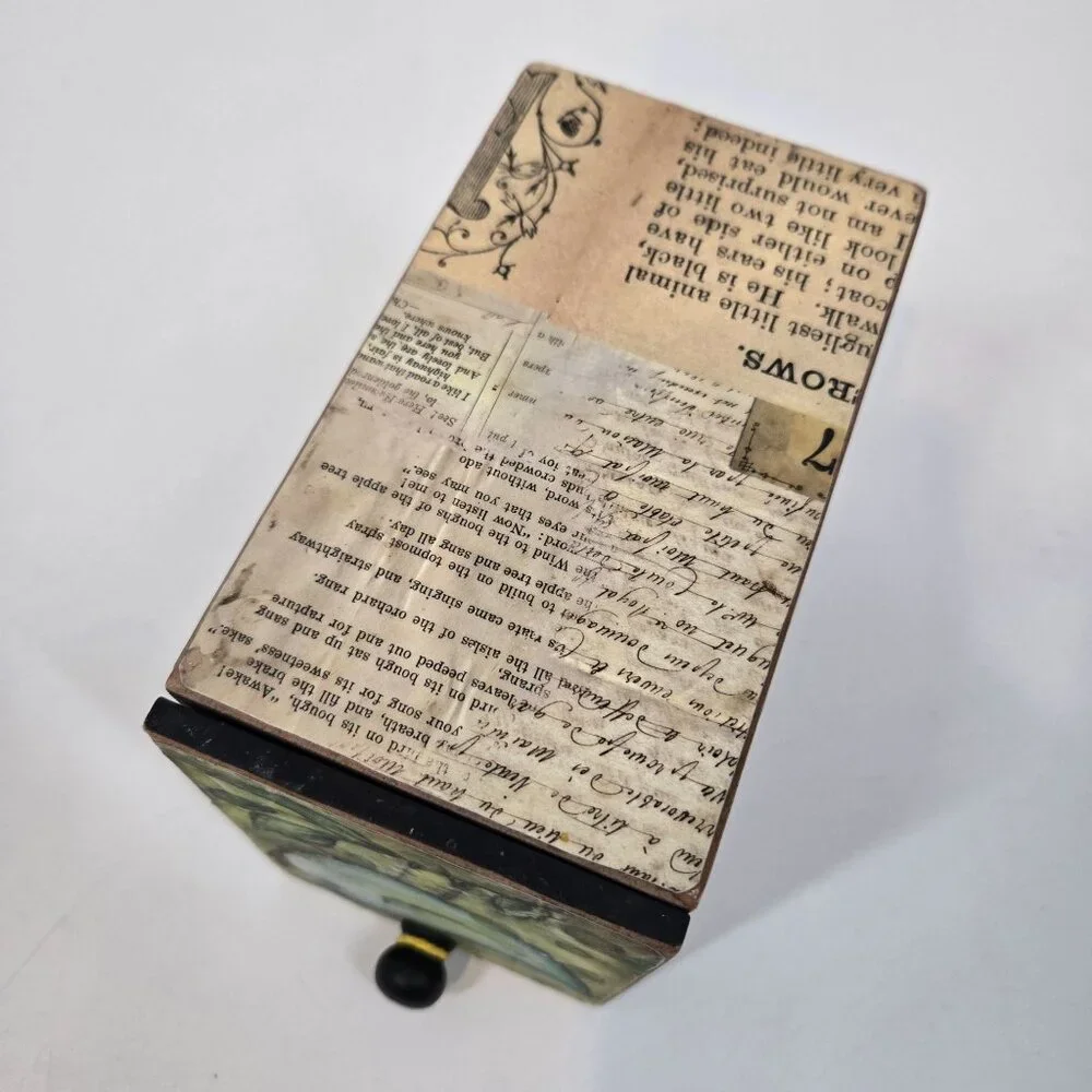 Lisa Kaus Whimsical Bird Print Mini Wooden Drawer Box Desk Storage Collage Words